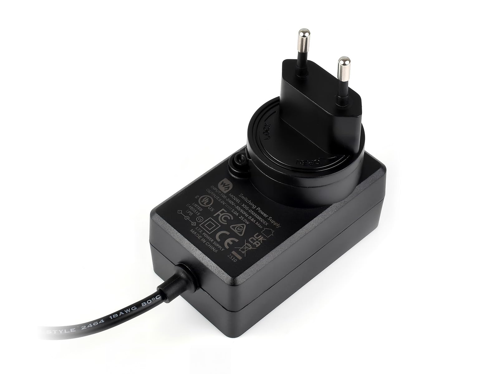 Waveshare Power Supply, Power Adapter, 5V / 5A, DC Jack Output, OD 5.5mm, ID 2.1mm, EU Plug