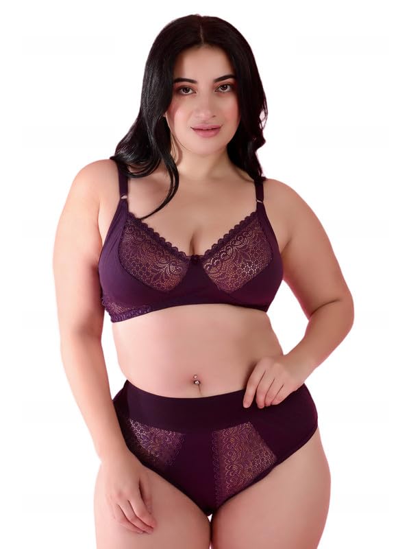 BODYFIGURE Gorgeous Bridal Honeymoon Cotton Designer Bra Panty Set Lace Push Up Non-Wired Solid Lingerie Lace Bra and Hipster 50MM Broad Belt Panty Set for Women and Girls Lingerie Set