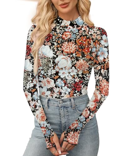Aoulaydo Long Sleeve Floral Mesh Tops Mockneck Going Out Tops for Women Fashion Spring Outfits 2025