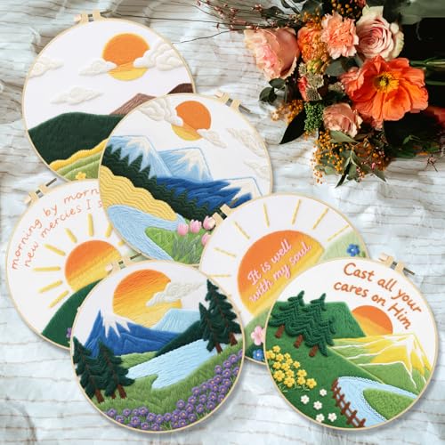 Image of INFUNLY 6 Sets Landscape Embroidery Kit for Beginner Sun Scenery Embroidery Starter Kit 11.8x11.8 A Better Life Hand Stitching Needlework Set with Step-by-Step Instruction for Home Decor