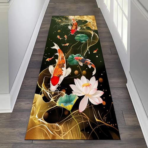 Alfombra de pasillo para el dormitorio con estampado de loto y peces 4