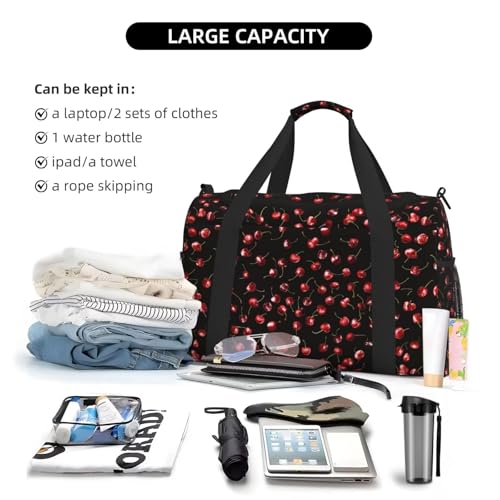 Cute Cherry Pattern Travel Duffle Bag Red Fruit Weekender Bag for Women Men Carry on Overnight Bag Yoga Gym Bag Workout Duffle Sports Bag4