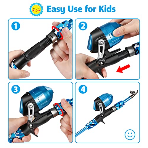 مجموعة سنارة صيد للاطفال من بلوسينو، بتصميم متداخل قابل للطي، ببكرة سحب كبيرة مع صندوق لمعدات الصيد للمبتدئين، للاولاد والبنات والكبار (ازرق، 120 سم و47.24 انش)