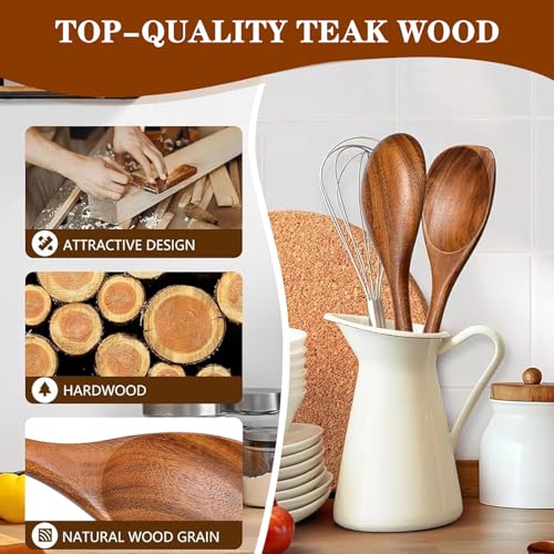 DSXVJHD 2pcs Wooden Spoons for Cooking, Natural Teak Non-Stick Wooden Cooking Spoon Set, Heat Resistant Round and Corner Spoons Kitchen Utensils for Baking, Stirring, Serving - Image 5