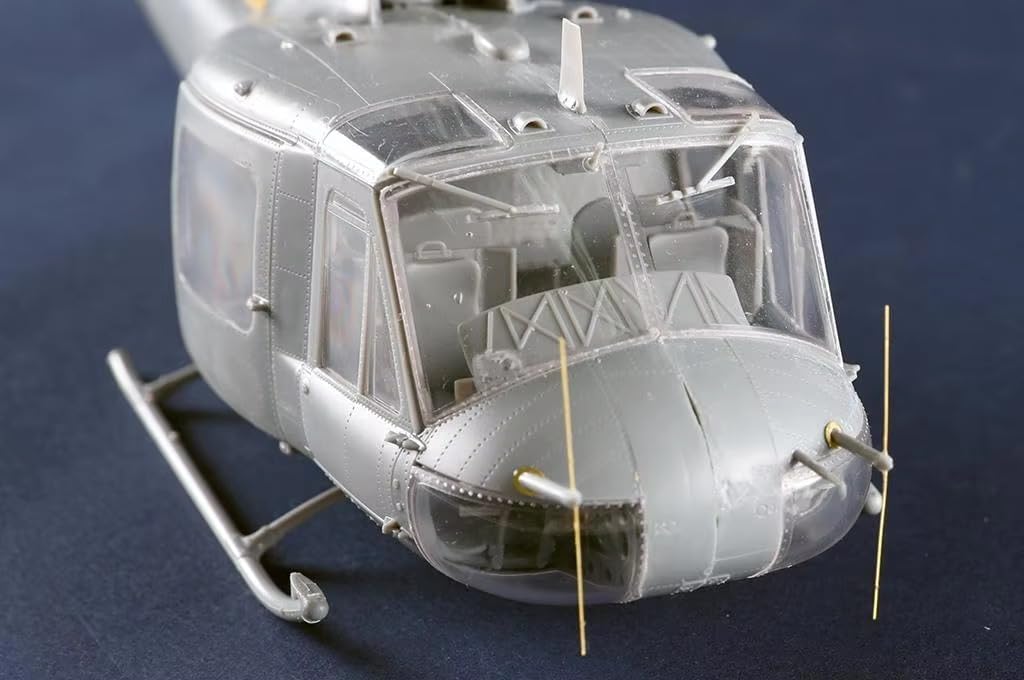 Close-up of the UH-1B Huey model cockpit and front fuselage