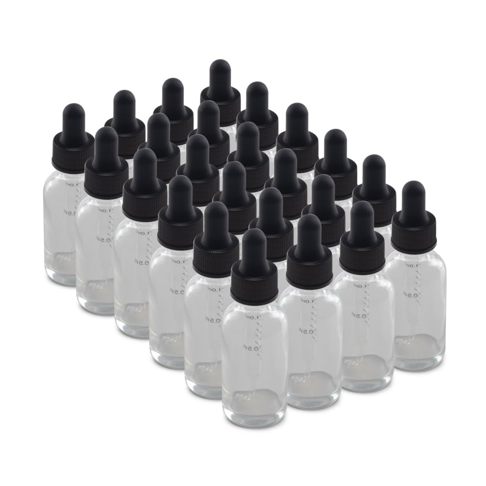 The Bottle Depot7 Colors Available Bulk 24 Pack 1 oz Clear Glass Bottles With Dropper; Wholesale Quantity for Essential Oils, Serums with Pretty Finish to Protect and Preserve Quality