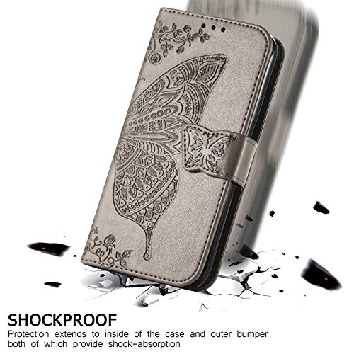 Wallet Case For Samsung Galaxy A03S,Pu Leather Wallet Flip Protective Phone Case Wrist Strap Card Slots Holder Pocket Emboss Butterfly Flower Stand Case For Samsung Galaxy A03S Gray #TOP5