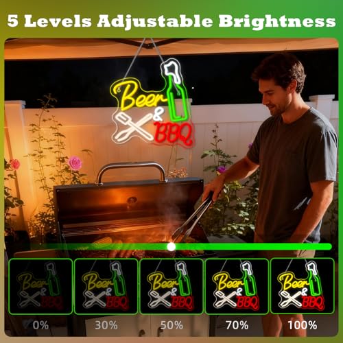 Image of Neon Beer Signs for Wall Wine Decor LED BBQ Sign Light Up Bar Backyard Party Neon Beer Light Sign for BBQ Shop Restaurant Barbecue Gifts for Meat Beer Lovers