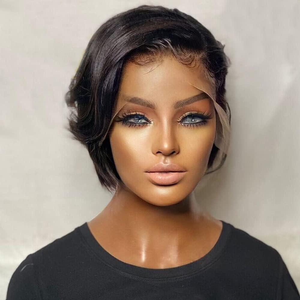 Breve Straight Bob 13x4 Pizzo Front Wigs Human Hair, Pixie Cut parrucca corta liscia capelli umani parrucca 150% densità Pre Plucked Wigs nera