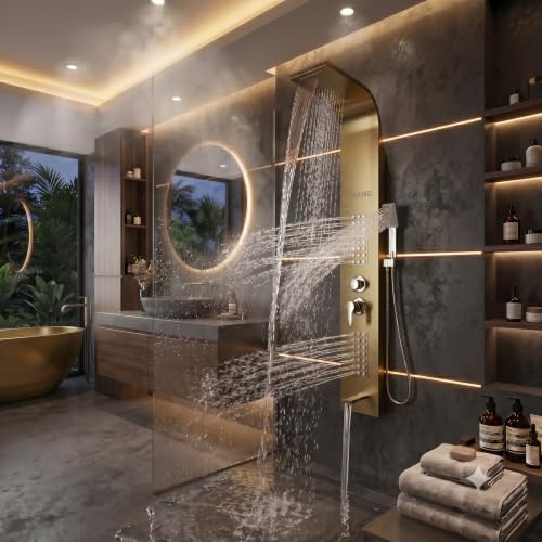 Image of ARAMO Shower Panel - Wave with Waterfall Shower, Massage Jet, 5 Water Functions (Gold)