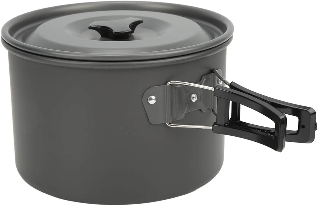 Camping Cookware Set, Portable Outdoor Mess Kit with Folding Handle for 4-5 People, Hard Anodized Aluminum Alloy Pots and Pans with PP Bowls Bamboo Spoon for