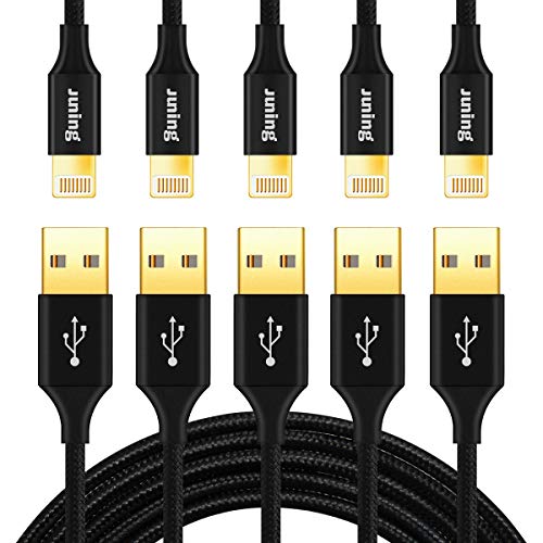 JUNING Charger Cables Nylon Braided Charger Cord 5Pack 2x1FT/1x3.3FT/2x6FT Fast Charging, Connector to Data Syncing, Compatible with iPhone XS/XR/X/8/8P/7/7P/6P/6s/6s+/5/5s/SE, iPad