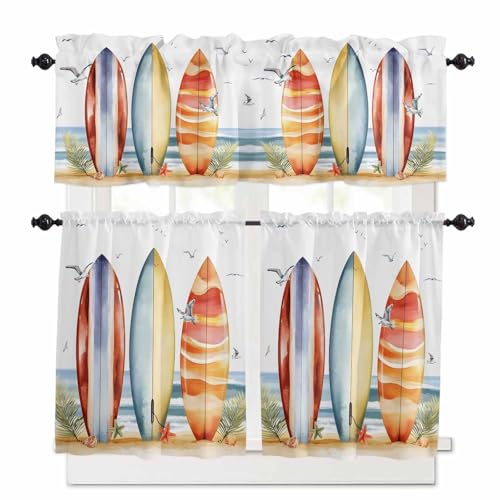 Blue Coastal Kitchen Curtains 36 Inch Length, 3 Piece Rod Pocket Small Half Tiers and Valance Set, White Seagull Summer Canoeing Starfish Small Large Window Treatment Decor for Bedroom/Bathroom Sink