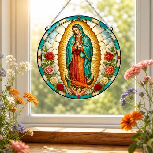 Our Lady of Guadalupe Stained Glass Suncatcher, 8" Religious Wavy Acrylic Suncatcher for Windows Hanging, Blessed Virgin Mary Catholic Decor, Confirmation, Christian Gifts for Women, Grandma, Mom by CERMELUS - Used condition - Image 2