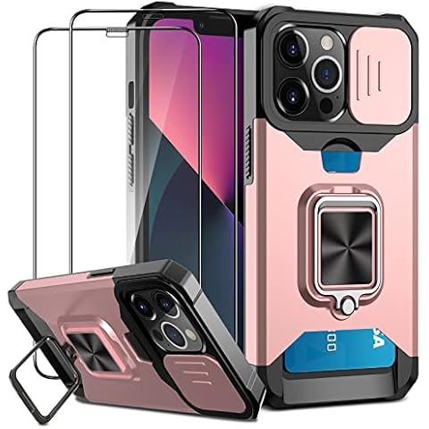 Jusy Compatible with iPhone 13 Pro Max Case and 2 Screen Protectors, with Sliding Camera Cover, Card Holder Slot and Kickstand, Shockproof Protective Phone Cover for iPhone 13 Pro Max (Rose Gold) Cover