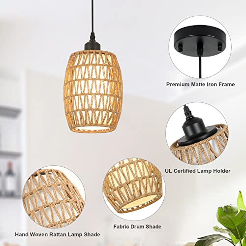 Eyassi Boho Pendant Light Fixtures,7" Hanging Lamp With Fabric Drum Shade,Rattan Chandelier Light Fixture Height Adjustable,Mini Woven Pendant Light For Kitchen Island,Living Dining Room,Bedroom #TOP3