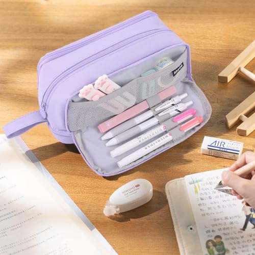 Image of Large Capacity Pencil Case 3 Compartments, Pencil Case with Zipper Portable Handle, Aesthetic Pencil Pouch Stationery Organizer for Office College School Teen Girl Boy (3 Compartments-Purple)