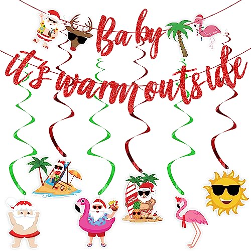 Christmas In July Decorations Party Supplies, Red Glitter Baby Its Warm Outside Banner & 6 Tropical Christmas Theme Hanging Swirls, Hawaii Mele Kalikimaka July Christmas Decorations (No Diy) #TOP5
