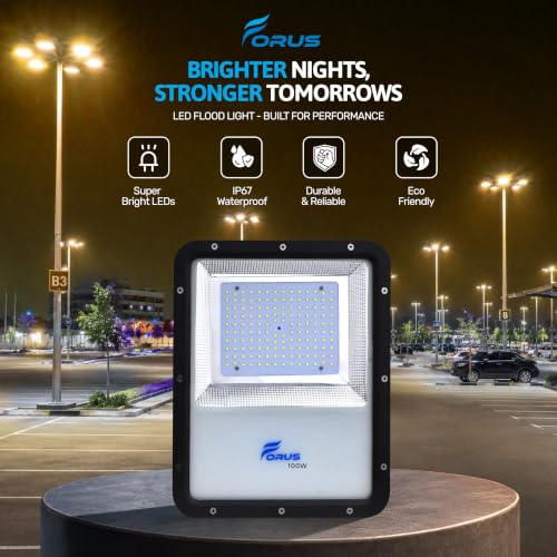 Image of Forus 100W LED Flood Light, IP67 Waterproof Outdoor LED Floodlight, High Mast Focus Yellow Light, 4-Yr Warranty, Energy Efficient Halogen Replacement for Factory, Garage, Parking, Garden, Shop (1 PC)