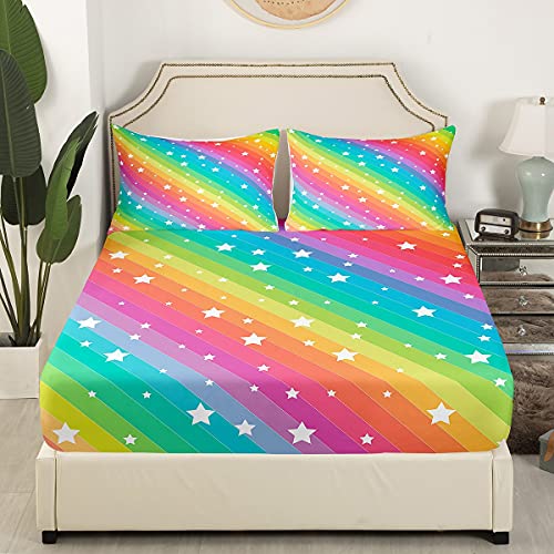 Loussiesd Kinder M?dchen Spannbettlaken 140x200cm Regenbogen Sterne Drucken Kleinkind Frauen Bunt Streifen Bettlaken Set Farbstreifen Dekorativ Spannbetttuch Atmungsaktiv Mikrofaser - Image 3