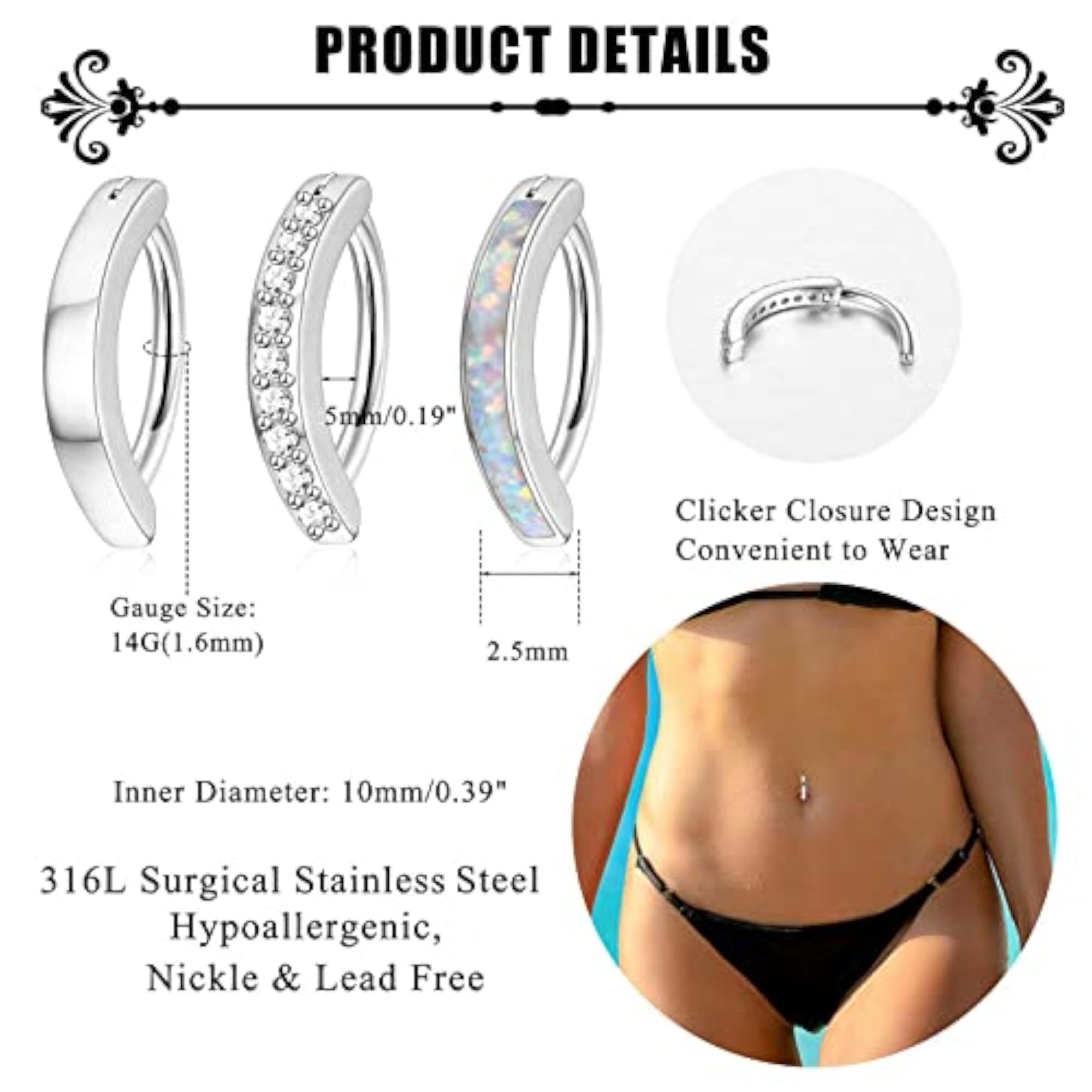 3pc Women's Gold 316L Surgical Steel Clicker Belly Button Ring Set