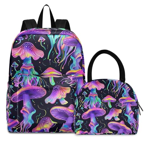 Lunchbox Backpack Waterproof Cooler Bags Insulated, Girls Backpack with Lunch Box, Neon Mushroom Purple