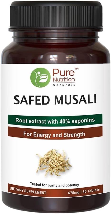Pure Nutrition Safed Musli Root Extract 500mg Tablet (Asparagus Adscendens 40% Saponins) - 60 Veg Tab - Non GMO | Gluten Free