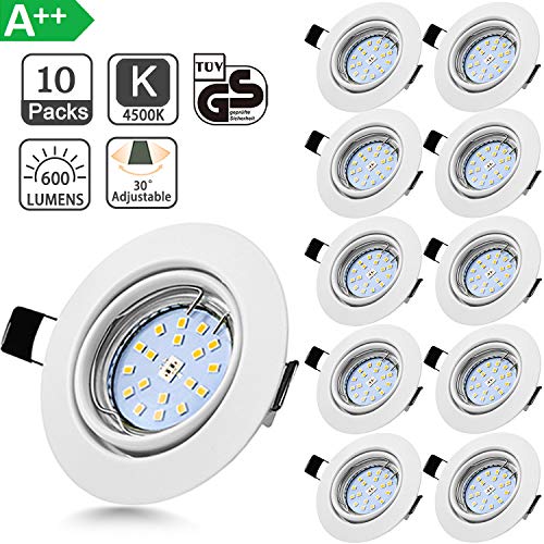 Preisvergleich Produktbild Bojim 10er LED Einbaustrahler 230V GU10 Set Neutralweiß Deckenspots Einbauleuchte Einbauspots Rund Schwenkbar, 6W ersetzt 54W, Ra82 Farbwiedergabe, Loch Ø68-80mm, 4500K 600lm, mit Einbau-rahmen