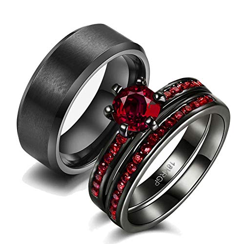 Two Rings His and Hers Couple Ring Bridal Set His Hers 3pc Women Black Gold Filled Red Cz Man Stainless Steel Wedding Ring Band Set