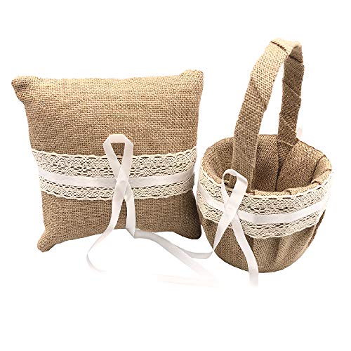 Abbie Home Burlap Cover Wedding Flower Basket + Ring Pillow Set Retro Garden Woods Wedding Party Favor