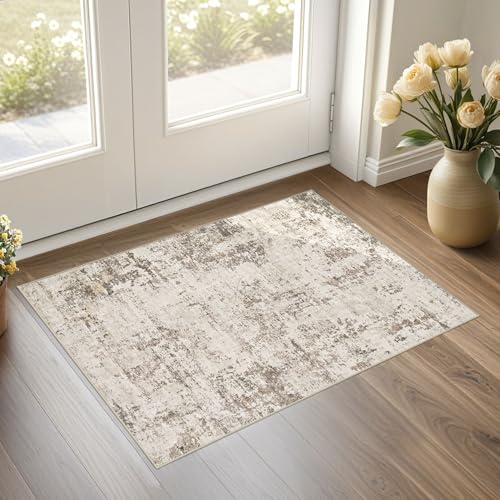 2x3 Entryway Area Rug: Washable Neutral Modern Abstract Small Rug - Non-Slip Low Pile Throw Indoor Carpet for Entrance Kitchen Front Door Mat Bathroom Entry Kids Room - Dark Brown