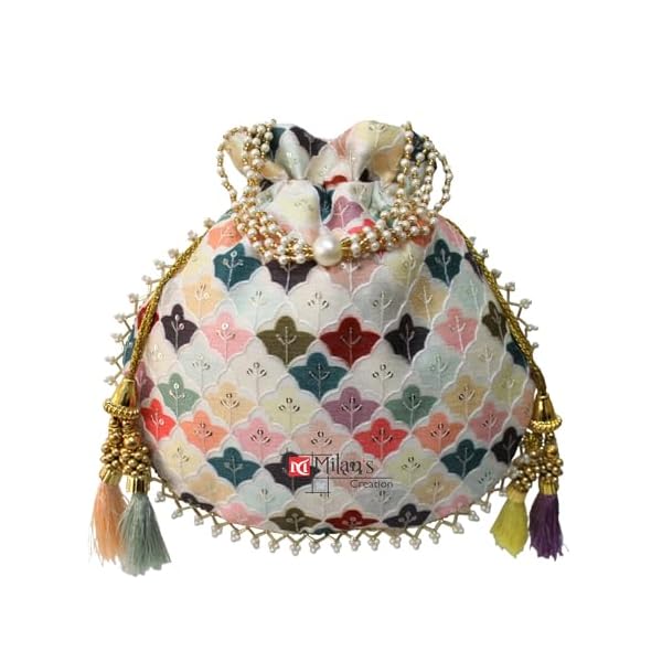 MILAN'S CREATION Fancy Potli Bag Golden Embroidery Designer Purse Drawstring Women's handbag with Pearl Handle & Tassel Weddings