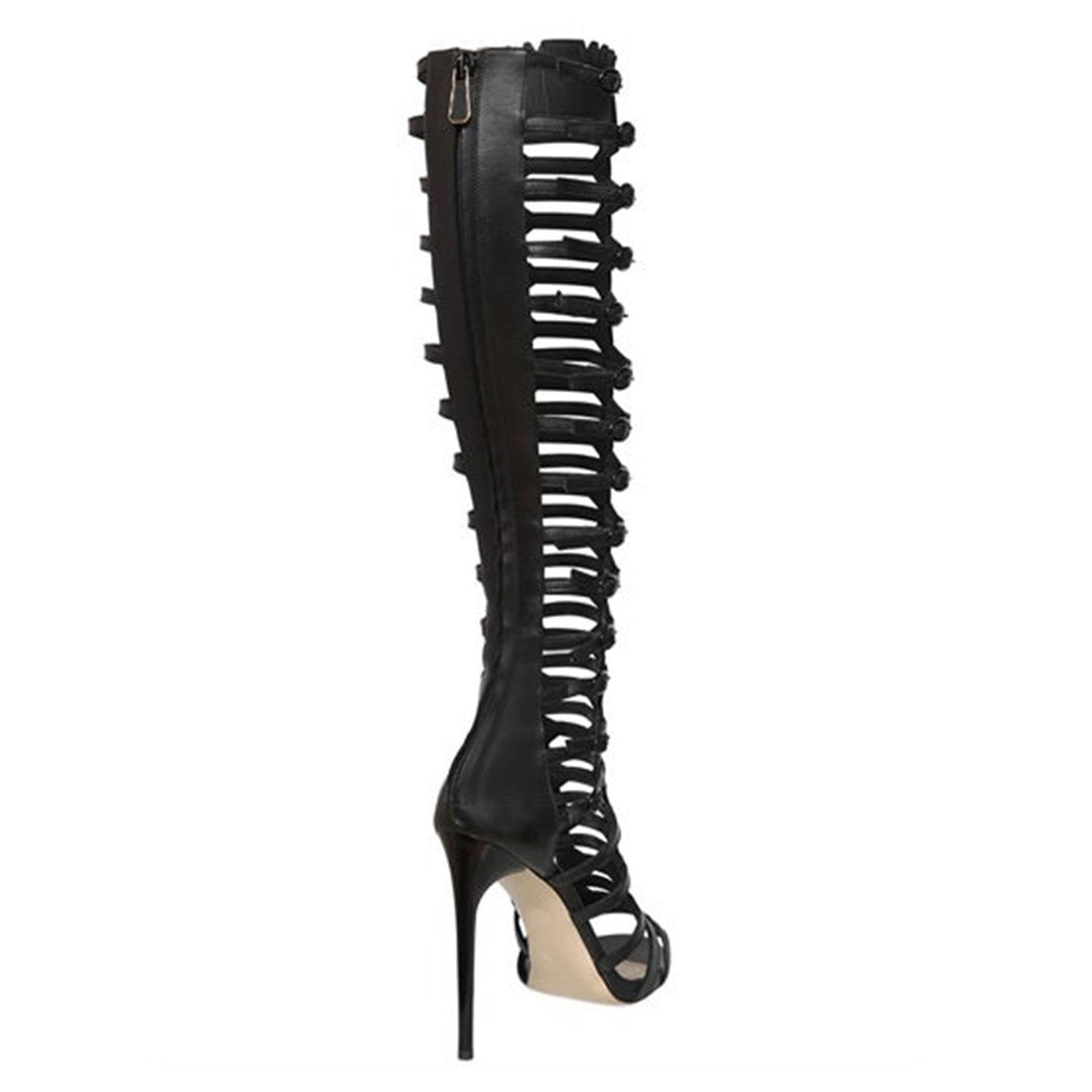 Tacco Alto Stivali Alti al Ginocchio Donna Sandali Punta Aperta Traforata Stivali Alti Cerniera Scarpe Festa Tacco 11cm,Black-35