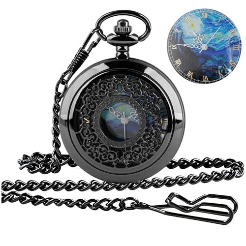 Tiong Van Gogh Starry Night Moon Hollow Black Case Quartz Pocket Watch Roman Numerals Retro Watches Art Souvenir Gift for Men Women