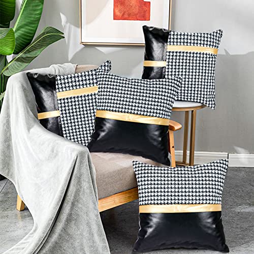 2 Pack Throw Pillow Cover,Leather And Houndstooth Cotton Cushion Cases Splicing Pillowcases For Couch Decorative Bedroom, Livingroom, Sofa, Farm House 18 X 18 Inches #TOP5