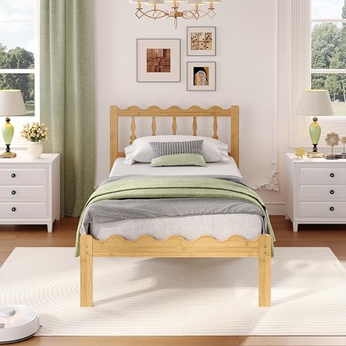 Image of ZIYOO 14 inch Twin XL Bamboo Bed Frame with Wavy Headboard & Footboard | No Box Spring Needed, Easy Assembly Bamboo Platform Bed. Minimalist Japanese style, great for bedrooms, hotels and homestays.
