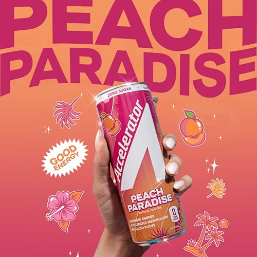 Image of Accelerator Active Energy Drink, Peach Paradise 12oz can (12 pack) | Zero Sugar, Sustained Energy from 100% Natural Caffeine (200mg from Green Coffee Bean & Green Tea extract)