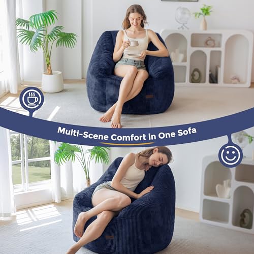 Image of MAXYOYO Bean Bag Chair, Bean Bag Sofa with Filler, Cozy Living Room Chair for Adults and Kids, Stuffed Floor Sofa for Bedroom Dorm Reading, Navy