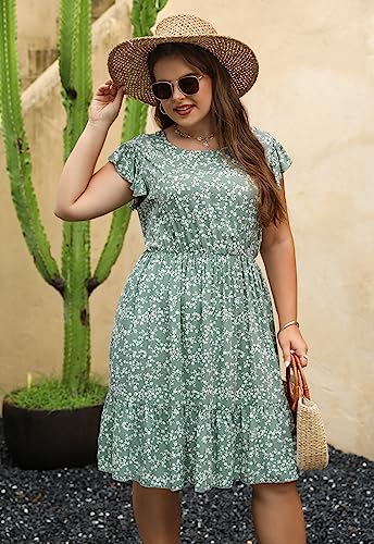 Image of Keluummi Plus Size Wedding Guest Midi Dress for Curvy Women, Summer Casual Boho Floral Graduation Tiered Sundress with Pocket(20 Plus, 08 - Green Floral)