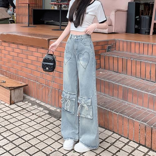 Y2K Gothic Grunge Casual High Waist Straight Vintage Heart Embroidery Straps Decor Wide Leg Jeans for Women2