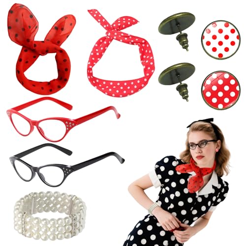accessoires rockabilly femme vintage 1950s – kit 7 pièces – rouge noir – serre-tête, foulard, lunettes, boucles d’oreilles, bracelet – soirée rétro déguisement pin-up