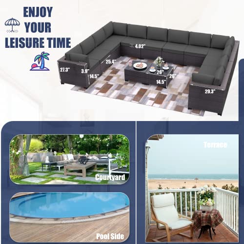 Delnavik Patio Furniture Set 14-Pieces Outdoor Furniture For Backyard Wicker Sectional Sofa Set, Rattan Patio Conversation Set With Thickened Cushions And Glass Coffee Table, Grey #TOP5
