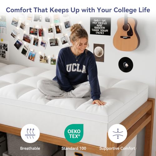 Image of ELEMUSE Twin XL Mattress Topper for Dorm Bed, College Dorm Room Essentials for Girls&Guys, Soft Comfortable Bed Upgrade for Back to School, Apartment&Rental Use