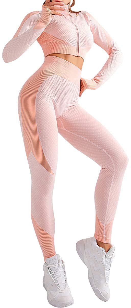 2 Piece Workout Sets for Women Yoga Pants Set Long Sleeve Tracksuit Thumb Hole Front Zipper Crop Activewear Tops