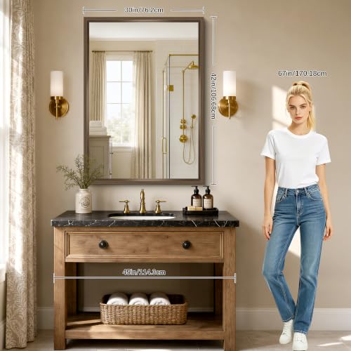 Image of Bathroom Mirror, 30 x 42 inch Walnut Wood Grain Colored Aluminum Metal Frame Bathroom Vanity Mirror, Rectangle Wall Mirror for Bedroom Living Room, Tempered Glass, Horizontal or Vertical