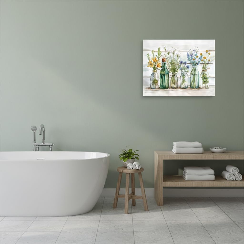 XCFMPUO Green Bathroom Wall Art Canvas Farmhouse Floral Decor Watercolor Wildflower Bottles Painting Sage Green Botanical Picture for Bathroom Laundry Room Wall Decor 16x24 Inch