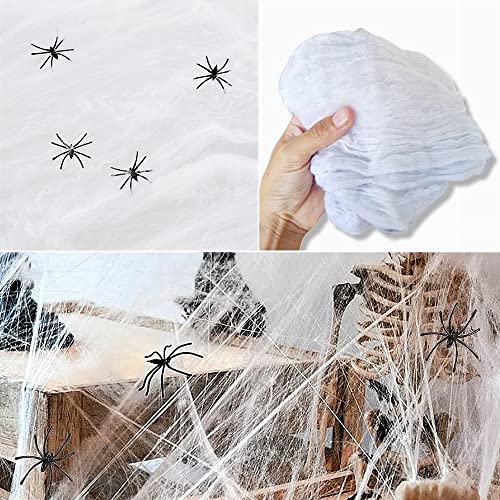 Antevia – Spinnennetz Halloween weiß mit 6 schwarzen Spinnen | über 10 Modelle | sehr dehnbar (Spiderweb)