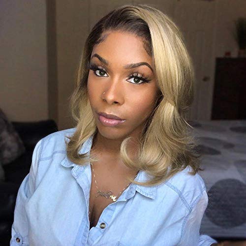 Ombre Blonde Natural Wavy Hair Wig Short Bob Wavy Hair Wig Shoulder Length Wigs for Women Bob Style Synthetic Heat Resistant Bob Wigs (14 inch)