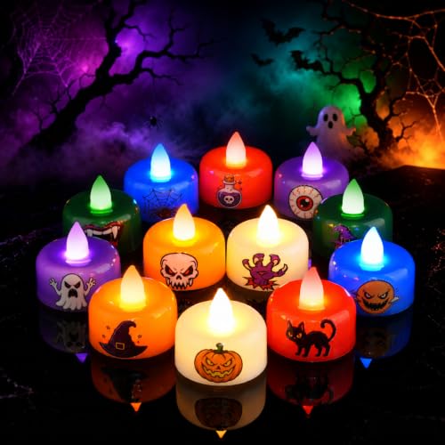 Image of Amagic 24Pack Halloween Multicolor LED Tea Lights Candles with DIY Stickers