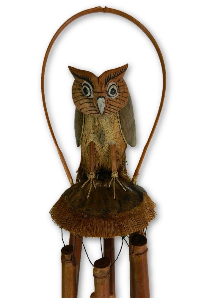 Bamboo Owl Windchime, H115cm x D35cm - Hand-carved Owl Design - Ethically Handmade Garden Chimes - Sustainable Wood - Soothing & Relaxing Sound - Unique Garden Accessories
